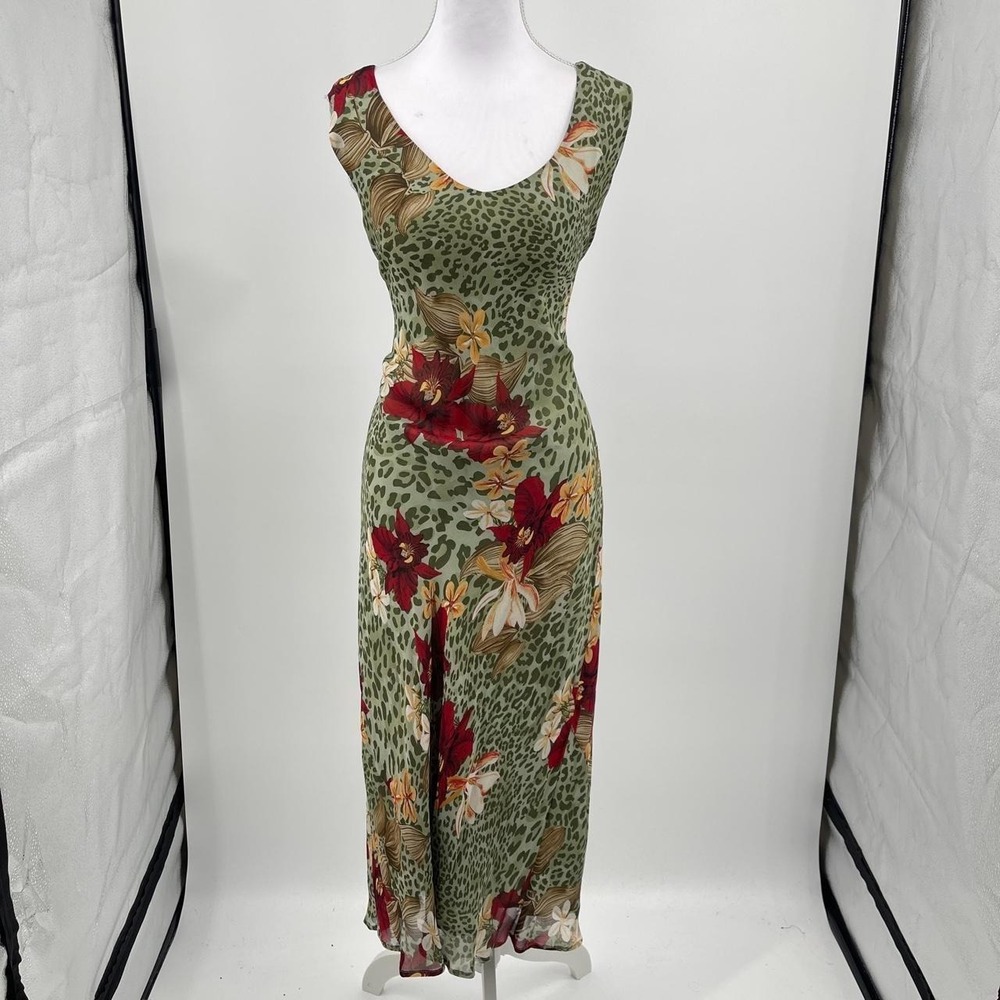 Vintage Y2K Tropical Silk Midi Dress 14 XL Floral Maximalist Travel Vacation